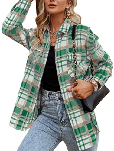 Women's Color Block Plaid Shirts Long Sleeve Flannel Lapel Button Down Pocketed Shacket Jacket Coats