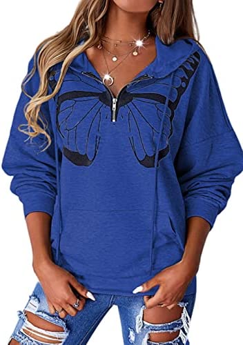 Zwurew Women Print Butterfly Long Sleeves Hoodie Top Casual Zip Collar Sweatshirt Pullover With Pocket