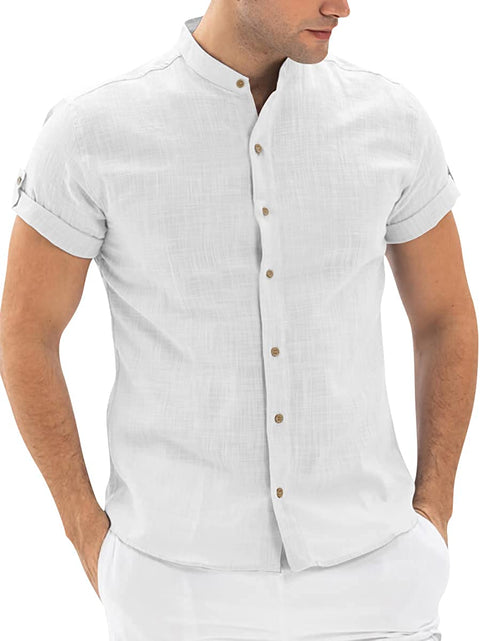 Men's Casual Button Down Collarless Shirt Solid Short Sleeve Cotton Linen Lightweight Breathable Tops Shirts