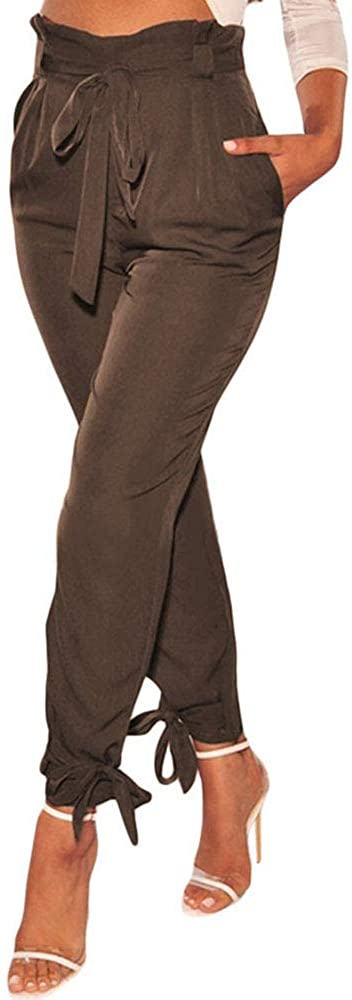 Women's High Waist Belt Wrapped Leg Pants Casual Comfy Slim Trousers
