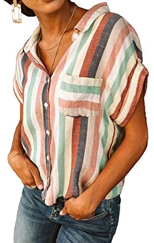 Womens V Neck Stripe Shirt Casual Cuffed Sleeve Button Down Collar Blouses Tops with a Pocket