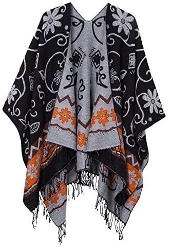 Women's Printed Tassel Open front Poncho Cape Wrap Shawl