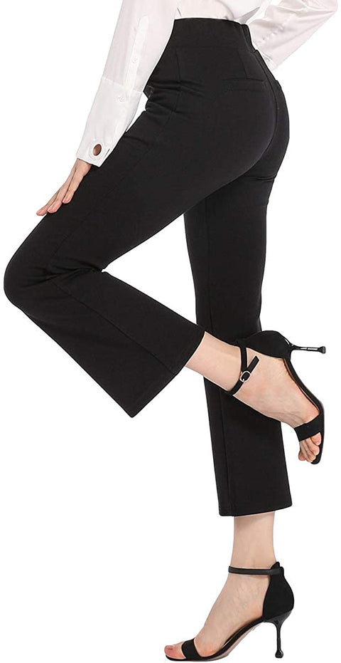 Ginasy Womens Flare Dress Pants Business Casual Crop Work Capris Stretch High Waisted Elastic Pull On Office Trousers