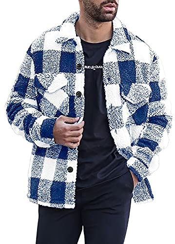 Mens Sherpa Fleece Plaid Jacket Shirt Button up Cozy Plush Shacket Loose Fit Outwear Coat
