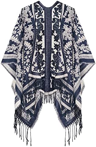 Women's Printed Tassel Open front Poncho Cape Wrap Shawl