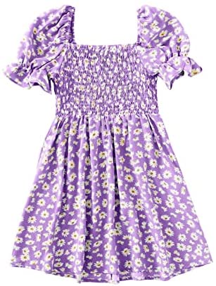 GAMISOTE Girls Floral Dress Puff Sleeve Flowy Smocked A Line Ruffle Summer Sundress