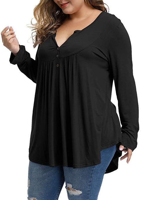 Women's Plus Size Tunics Button Up Henley V Neck Tops Pleated Long Sleeve Tunic Shirts