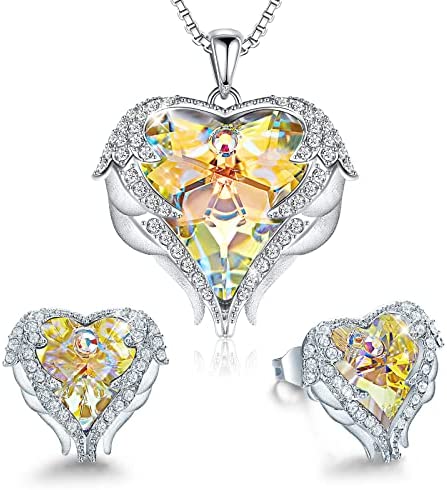 Angel Wing Love Heart Necklaces and Earrings Silver Jewelry Sets