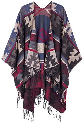 Women's Printed Tassel Open front Poncho Cape Wrap Shawl