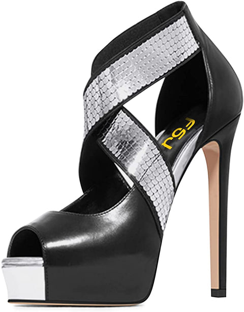 FSJ Women's Sexy Cross Strappy High Platform Stiletto Heels Dress Pumps Peep Toe High Heels Party Heeled Sandals with Silver Sparkle Shoes Size 4-15 US