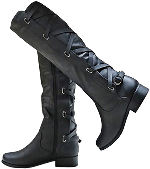 Womens Buckle Knee High Boots Riding Strappy Lace Up Pleated Low Heel Combat Boots