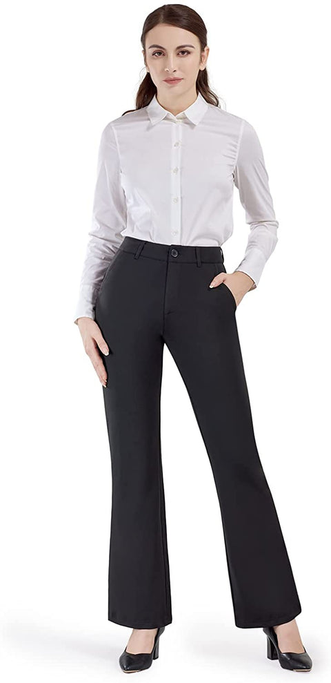 Dress Pants for Women Bootcut Stretch Work Pants Belt-Loop Bootleg Yoga Pants with Pockets