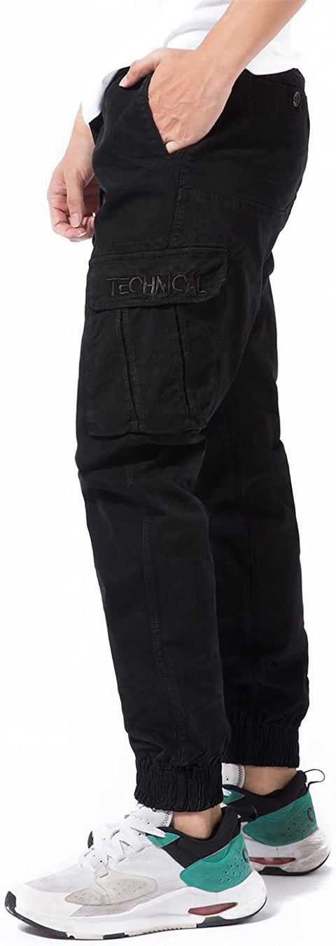 DGWZ Mens Elastic Waist Cargo Pants for Men Outdoor Hiking Relaxed Cotton Athletic Jogger Tapered Pants