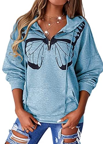 Zwurew Women Print Butterfly Long Sleeves Hoodie Top Casual Zip Collar Sweatshirt Pullover With Pocket