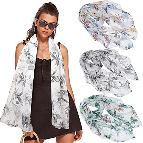 Women Floral Sheer Scarf Shawl - 3PCS Lightweight Scarfs Shawl Wrap Scarves Thin Scarfs for Women Soft Long Scarf