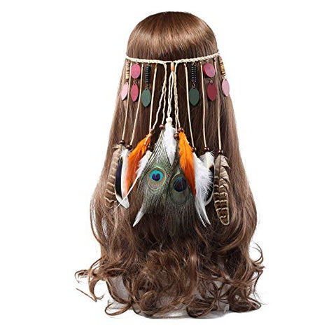 AWAYTR Feather Headband Indian Headpiece - Bohemian Tassels Hair Band Headwear for Women Girls