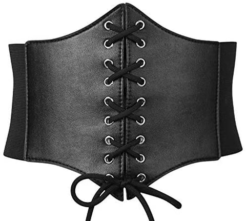 Black Corset Waist Belt for Women, Wide Elastic Tie Waspie Belt for Dresses 4.7inch