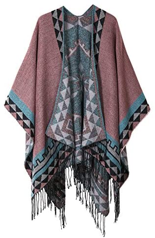 Women's Printed Tassel Open front Poncho Cape Wrap Shawl