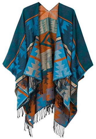 Women's Printed Tassel Open front Poncho Cape Wrap Shawl