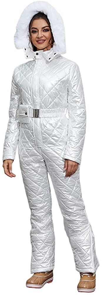 Womens Onesies Ski Suit Jumpsuit Outdoor Winter Skiing Jacket Snowsuit Fur Collar Coat with Hoodies Removable