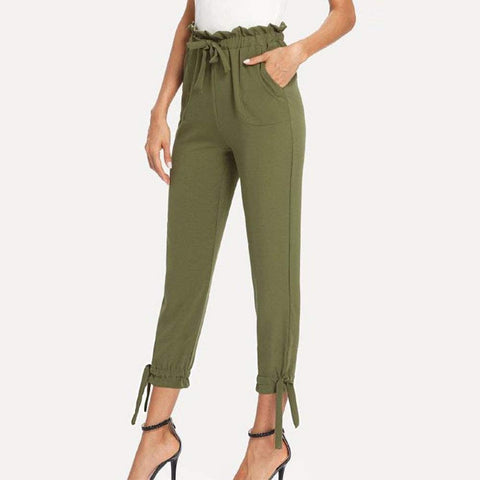 Women's Pocket Cropped Trousers Casual Solid Elastic Waist Tie Pants