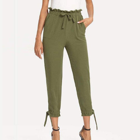 Women's Pocket Cropped Trousers Casual Solid Elastic Waist Tie Pants