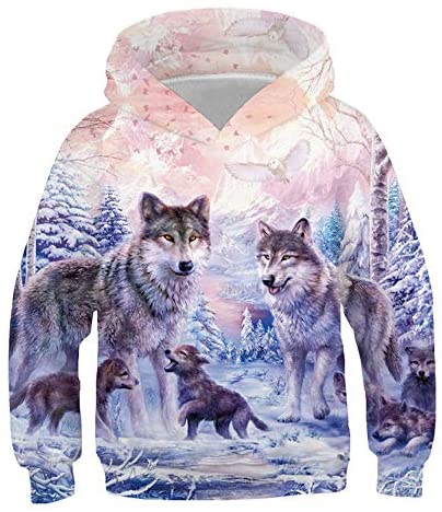 Wolf Hoodie for Kids 3D Print Pink Wolves Sweatshirt for Boys Teen Pullover Sweatshirts 6-16 Years with Pocket