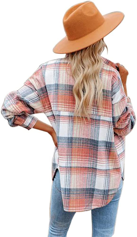 Women's Flannel Plaid Shirts Long Sleeve Lapel Button Down Pocketed Shacket Jacket Coats