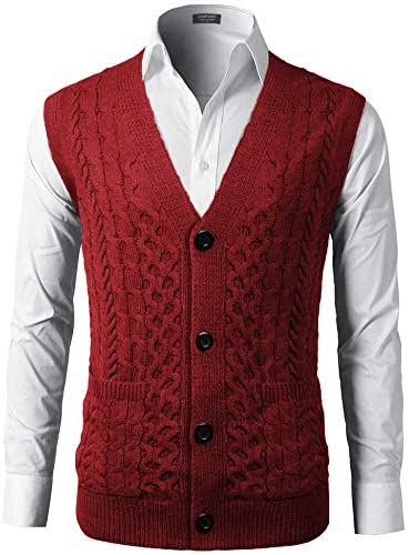 Mens Slim Fit V-Neck Cable Knit Sweater Vest with Front Button