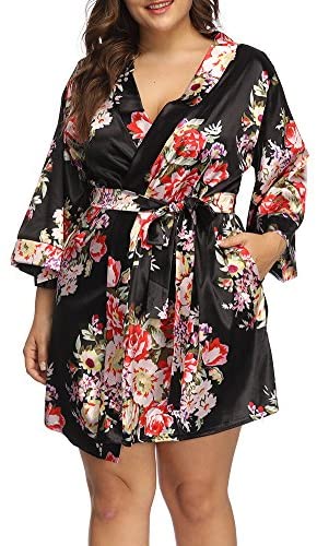 Plus Size Robes for Women Wrap Floral Print Satin Sleep Lounge Kimono Robe