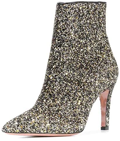 Women Chic Sparkle Glitter Ankle Boots Pencil Heel Zip Up Pointy Toe Fashion Short Booties Size 4-15 US