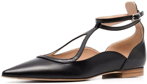 FSJ Women's Comfortable Chunky Low Heel Flats Cross Ankle Strap Buckle Classic Pointy Toe Retro T-Strip Walking Dress Shoes Size 4-15 US