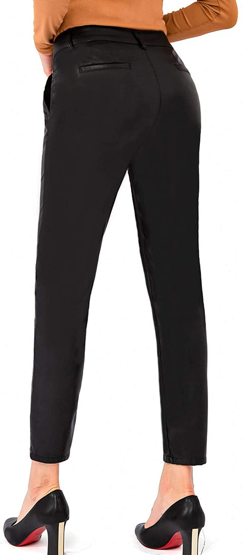 Leather Pants Women Faux Leggings Skinny Stretch Soft Pants with Pockets Work Casual Pants