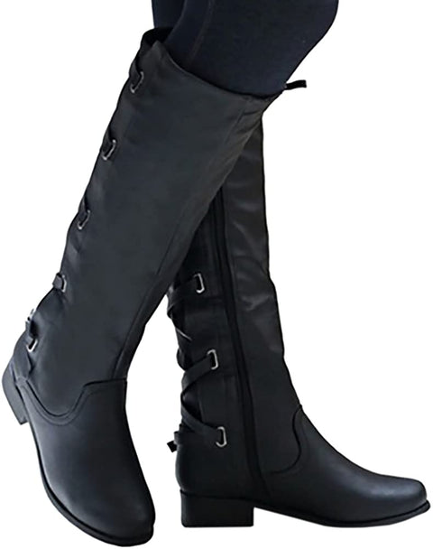 Ruanyu Womens Winter Knee High Boots Riding Strappy Lace Up Low Heel Combat Boots Black