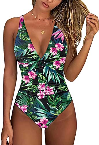 Zwurew Women One Piece V Neck Print Swimwear Swimsuit Solid Bodysuit Monokini Bather Bathing Beachwear