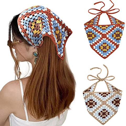 Crochet Bandana Head Kerchief Hair Scarf 2Pcs Knitted Hair Scarves Crochet Hair Kerchief Tie Bcak Headwrap Floral Hair Bandanas for Women Girls Scarf (Daisy(Black+Beige))