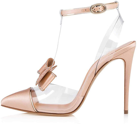FSJ Women Clear T Strap Pointed Toe Stiletto High Heels Dress Pumps Sandals with Rhinestones Studded Bows Size 4-15 US