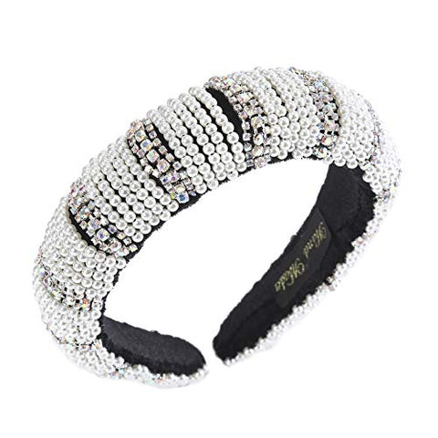 AWAYTR Velvet Padded Pearl Embellished Headband Large Padded Velvet Races Goth Wedding Headpiece for Women (black-1)