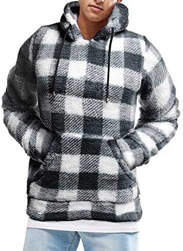 Mens Plaid Flannel Pullover Hoodies Long Sleeves Fuzzy Sherpa Fleece Drawstring Closure Hooded with Kangaroo Pockets