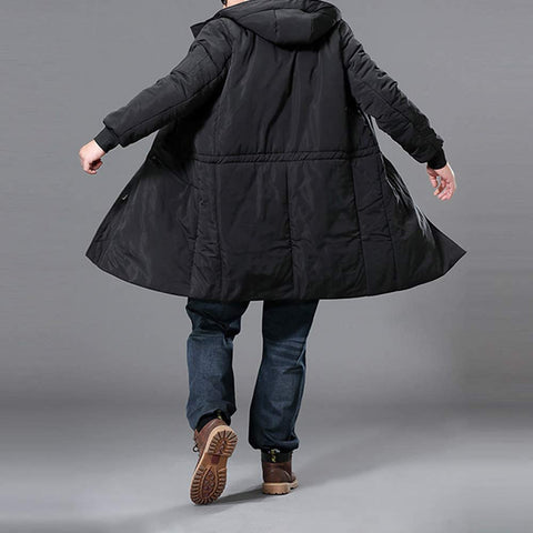 Men's Windproof Handsome Thicken Cotton Pocket Fashion Hooded Jacket Zipper Winter Long Coat