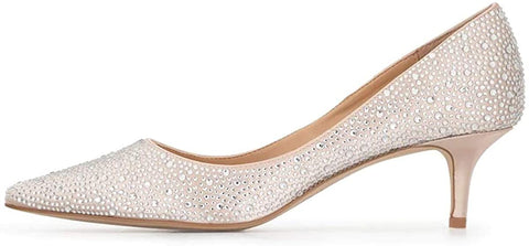 FSJ Women Fashion Pointed Toe Low Thin Heel Pumps Slip on Rhinestones Bridal Wedding Shoes