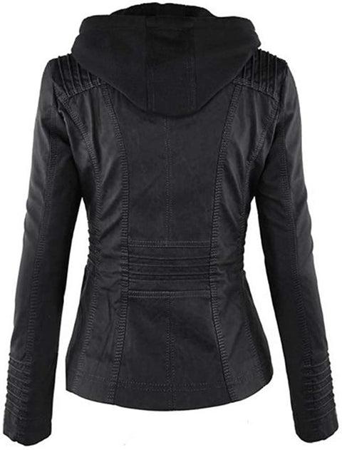 Women's Hooded Faux Leather Jackets Removable Hood Solid Slim Zip Up Moto Coat