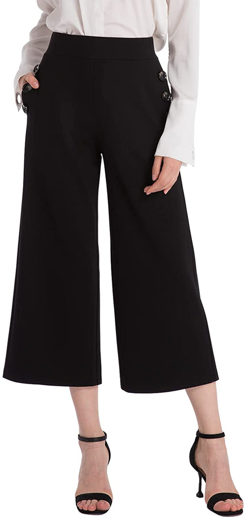 Ginasy Black Wide Leg Pants for Women Business Casual Dress Pants Stretch High Waist Crop Capris Culotte