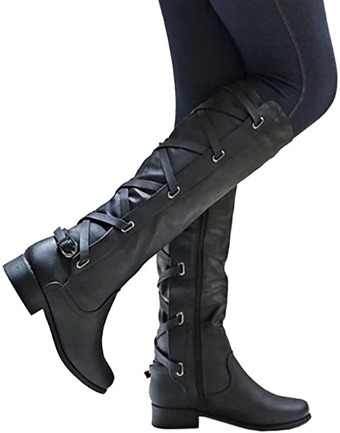 Ruanyu Womens Winter Knee High Boots Riding Strappy Lace Up Low Heel Combat Boots Black