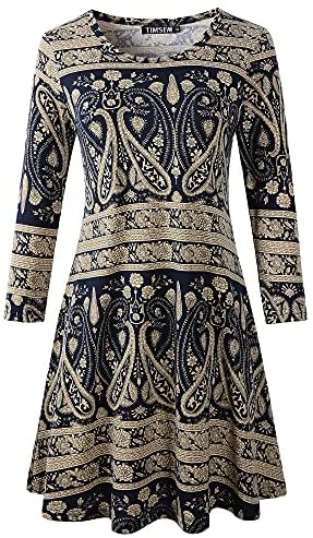 Luckco Women's Scoop Neck 3/4 Sleeve Floral Flare Casual Swing T-Shirt Dress