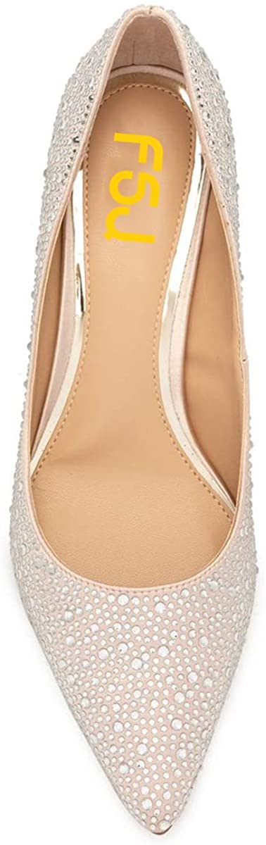 FSJ Women Fashion Pointed Toe Low Thin Heel Pumps Slip on Rhinestones Bridal Wedding Shoes
