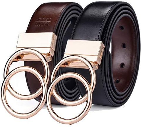 Beltox Women Belt Leather 1.3” Reversible 2 in 1 Rotated 2 Rings Gold Buckle