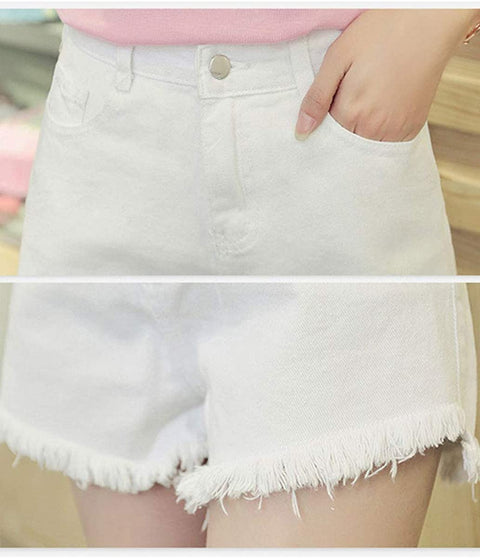 Women's Plain Frayed Raw Hem Casual Solid High Waisted Denim Shorts
