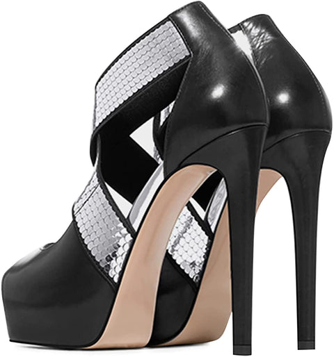 FSJ Women's Sexy Cross Strappy High Platform Stiletto Heels Dress Pumps Peep Toe High Heels Party Heeled Sandals with Silver Sparkle Shoes Size 4-15 US