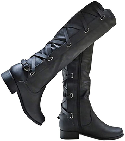 Ruanyu Womens Winter Knee High Boots Riding Strappy Lace Up Low Heel Combat Boots Black